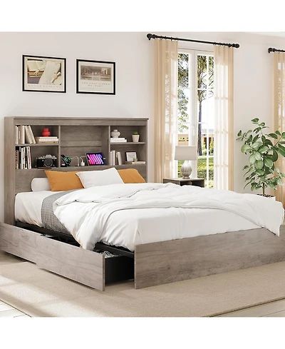 Gaomon King Bed Frame with Bookcase Headboard, 4 Storage Drawers, Built-in Charging Station, No Box Spring Needed