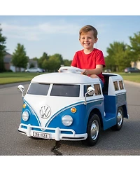 Mecale 12V Ride On Car Licensed Volkswagen Ride-on Bus with Cup Holder and Led Headlights for 3+ Years Old-Blue