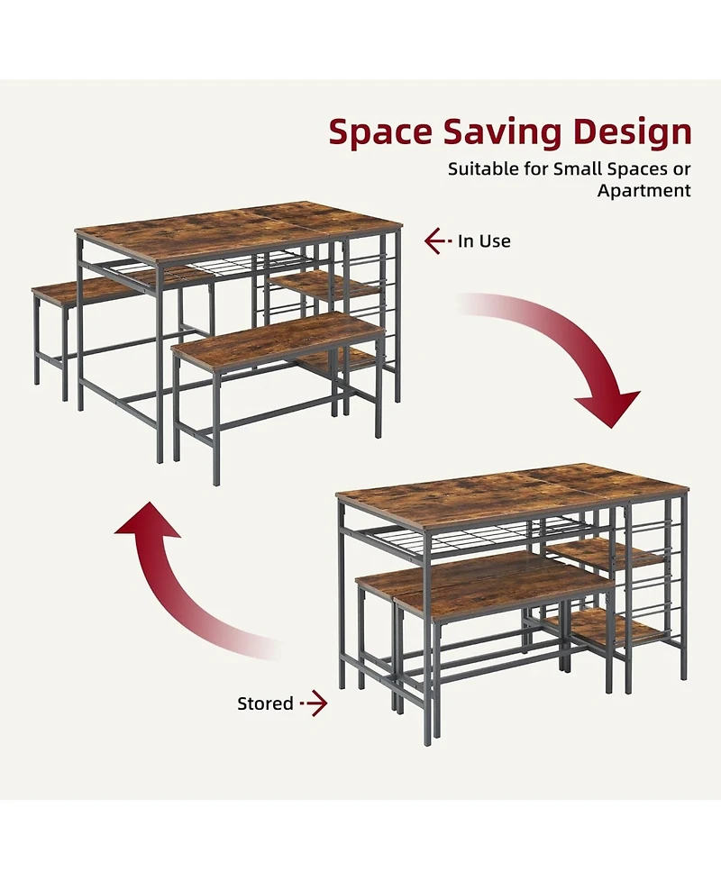 gaomon 4-Piece Dining Table Set with 2 Benches, Wine Rack & Storage Shelf, Kitchen Dining Room Table for Small Spaces