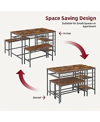gaomon 4-Piece Dining Table Set with 2 Benches, Wine Rack & Storage Shelf, Kitchen Dining Room Table for Small Spaces