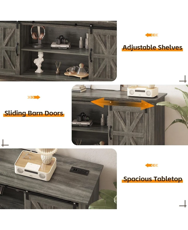 gaomon 66" Wood Power-Outlet Sliding-Barn-Door Adjustable-Shelf Sideboard Buffet Cabinet