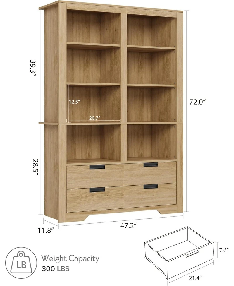 gaomon 72" Farmhouse Floor Standing Bookcase, Bookshelf with 4 Drawers, Freestanding Display Storage Shelves for Bedrooms.