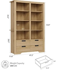gaomon 72" Farmhouse Floor Standing Bookcase, Bookshelf with 4 Drawers, Freestanding Display Storage Shelves for Bedrooms.