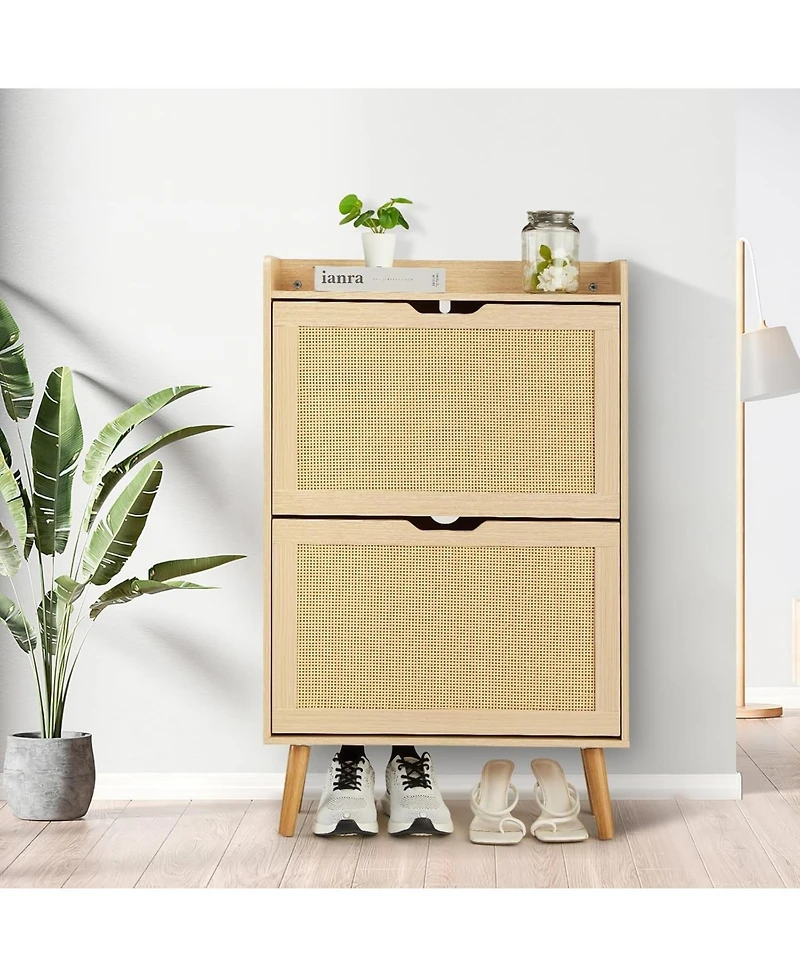gaomon Slim Rattan 2 Drawer Anti Tip Hidden Shoe Storage Cabinet