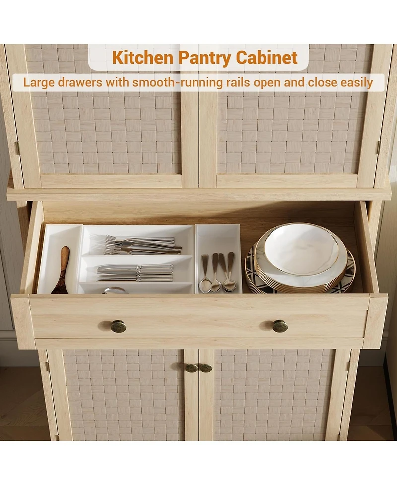 gaomon 72" Wooden Tall Pantry Cabinet, Kitchen Pantry Storage Cabinets with 4 Door & 4 Adjustable Shelves and a Drawer, Farmhouse Pantry Storage