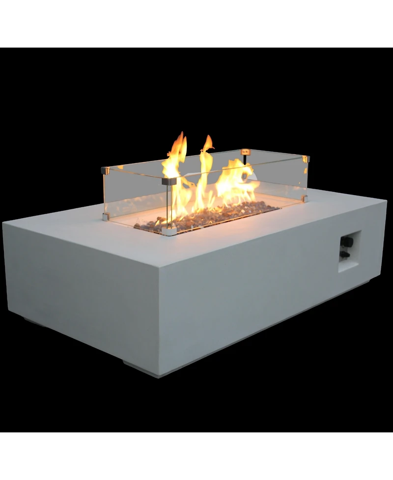 Flynama 52 Inch Outdoor Rectangle Concrete Propane Fire Pit Table Antique White Glass Fiber Reinforced Gfrc Adjustable Flame