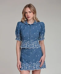 Avec Les Filles Women's Spread Collar Short-Sleeve Top