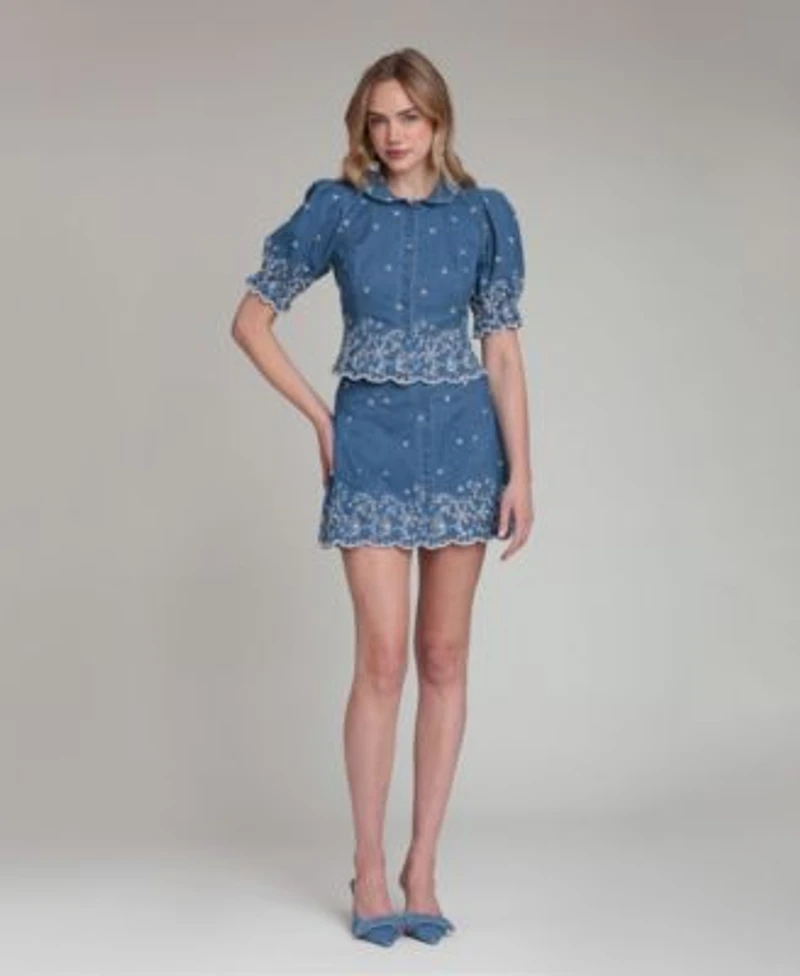 Avec Les Filles Womens Spread Collar Short Sleeve Top Scallop Hem Mini Skirt