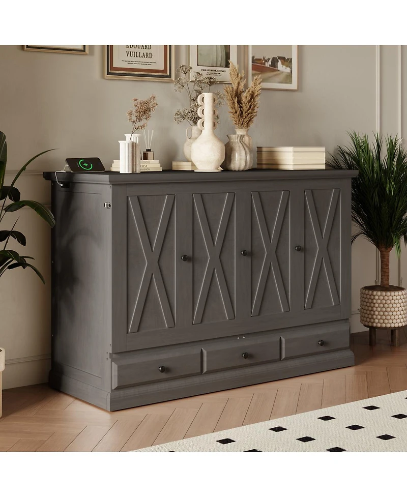 Streamdale Furniture Solid Pine Wood Murphy Bed Chest with Charging Station, Queen