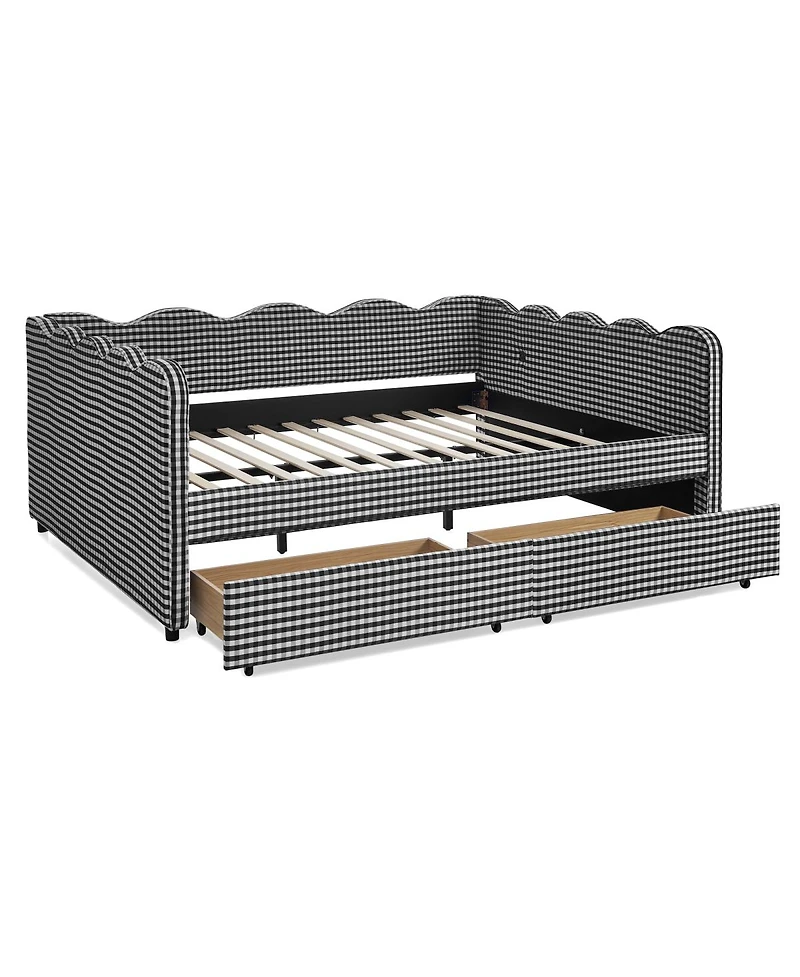 Streamdale Furniture 2 Drawers, Usb Port & Wave Shape Gingham Daybed, Queen Size