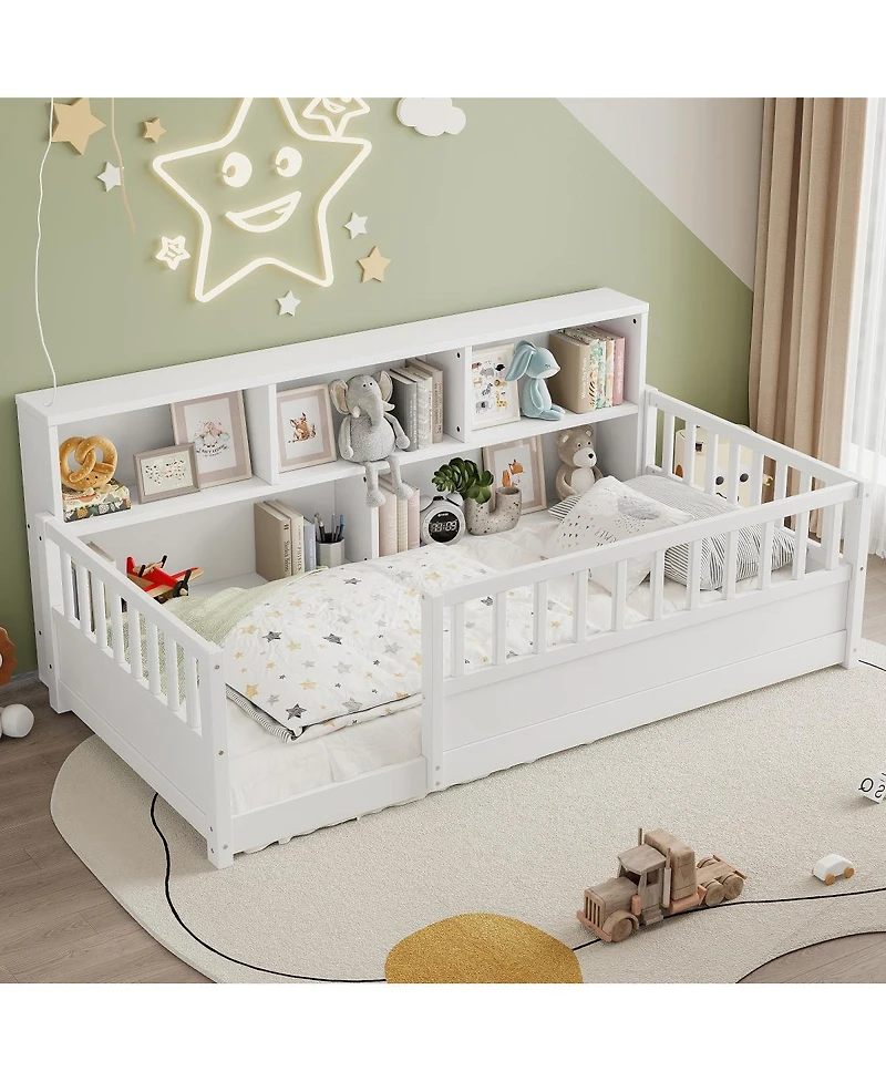 Streamdale Furniture Wooden Fence Guardrail and Storage Floor Bed, Twin Size