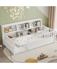 Streamdale Furniture Wooden Fence Guardrail and Storage Floor Bed, Twin Size