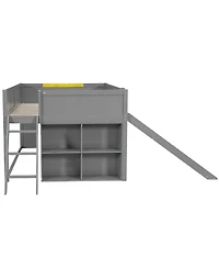 Streamdale Furniture Full Size Wooden Low Loft Bed with Storage, Slide, Door, Window