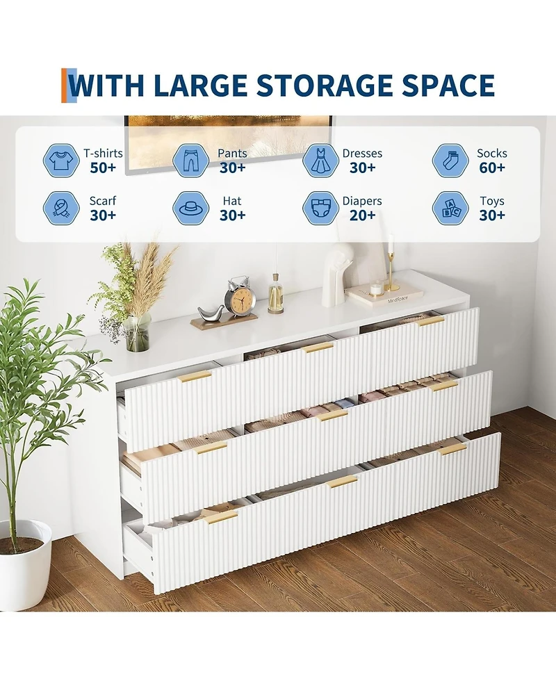 Gaomon 9 Drawer Dresser for Bedroom, 55" Wide Fluted Dresser with Smooth Slides, Modern Chest of Drawers with Golden Handles for Bedroom, Closet