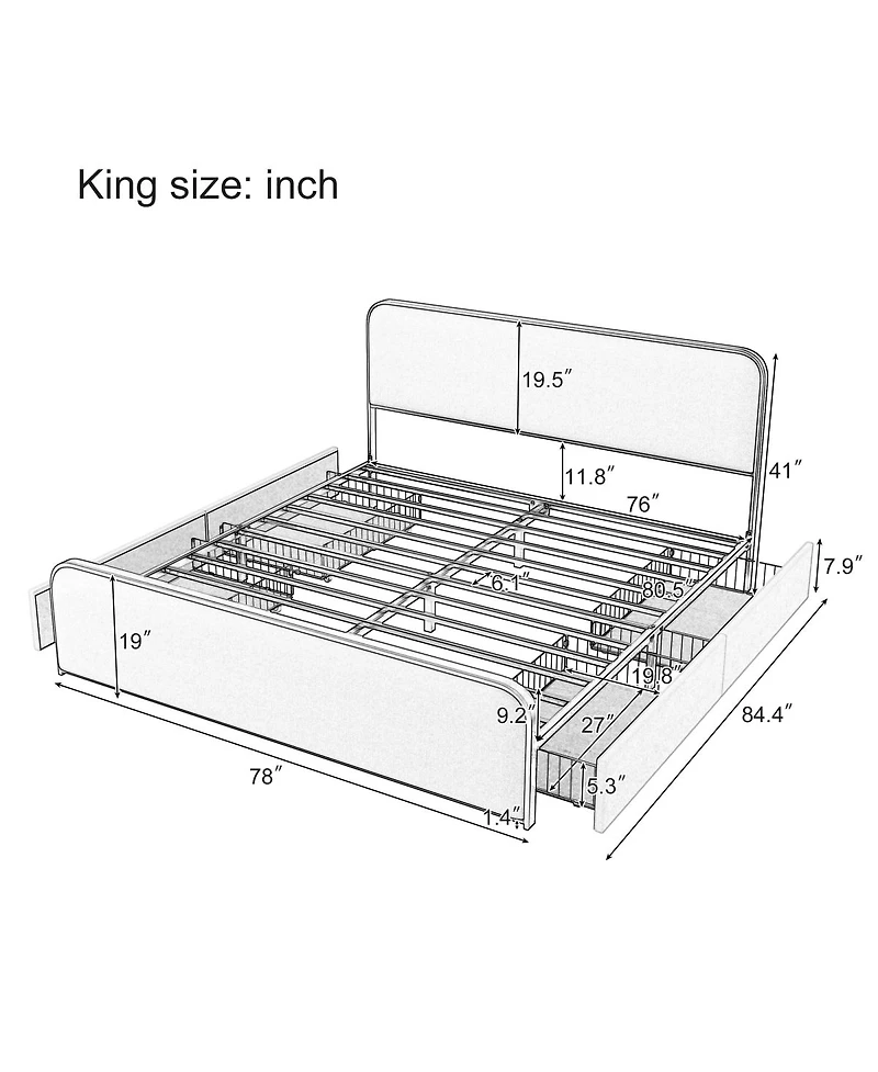 Streamdale Furniture Streamdale Gold Modern Metal Bed Frame w/ Curved Upholstered Headboard, King