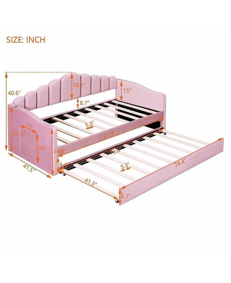 Streamdale Furniture Twin Velvet Daybed with Trundle & Usb Charging