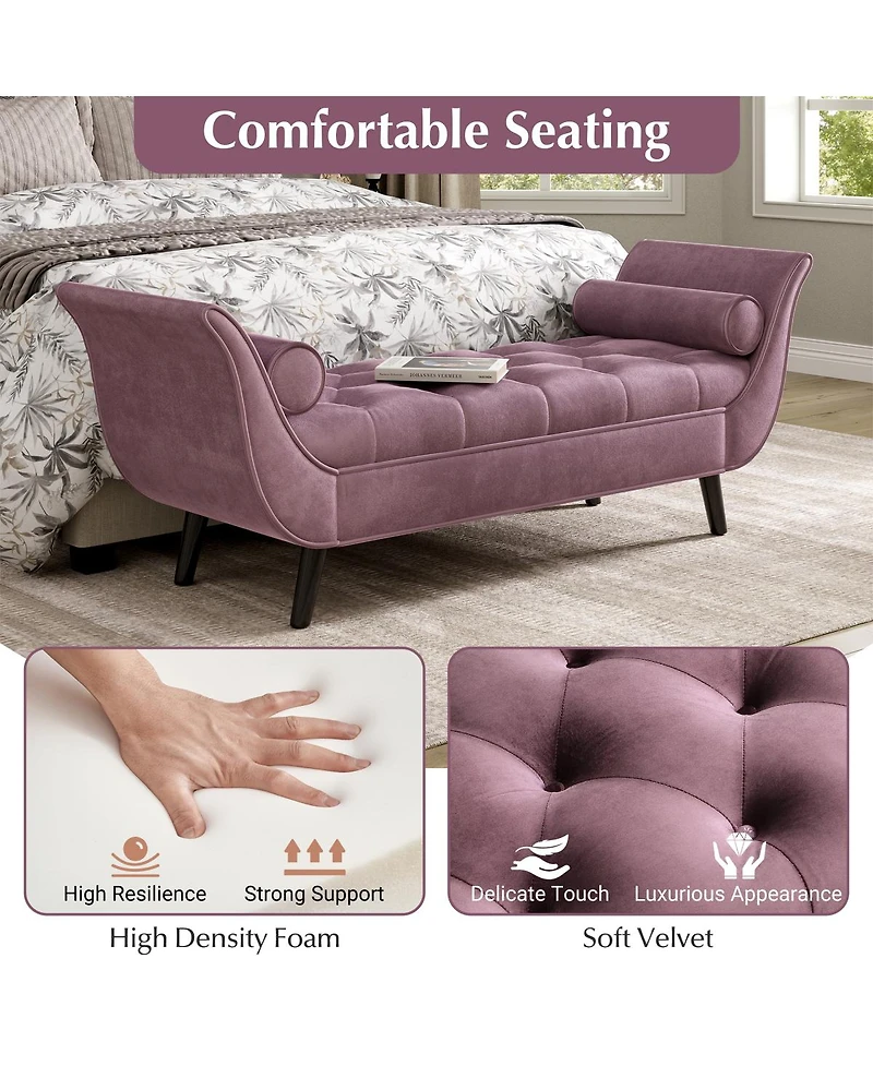 Streamdale Furniture Upholstered Velvet Tufted Ottoman Bench with Rolled Arms and 2 Pillows