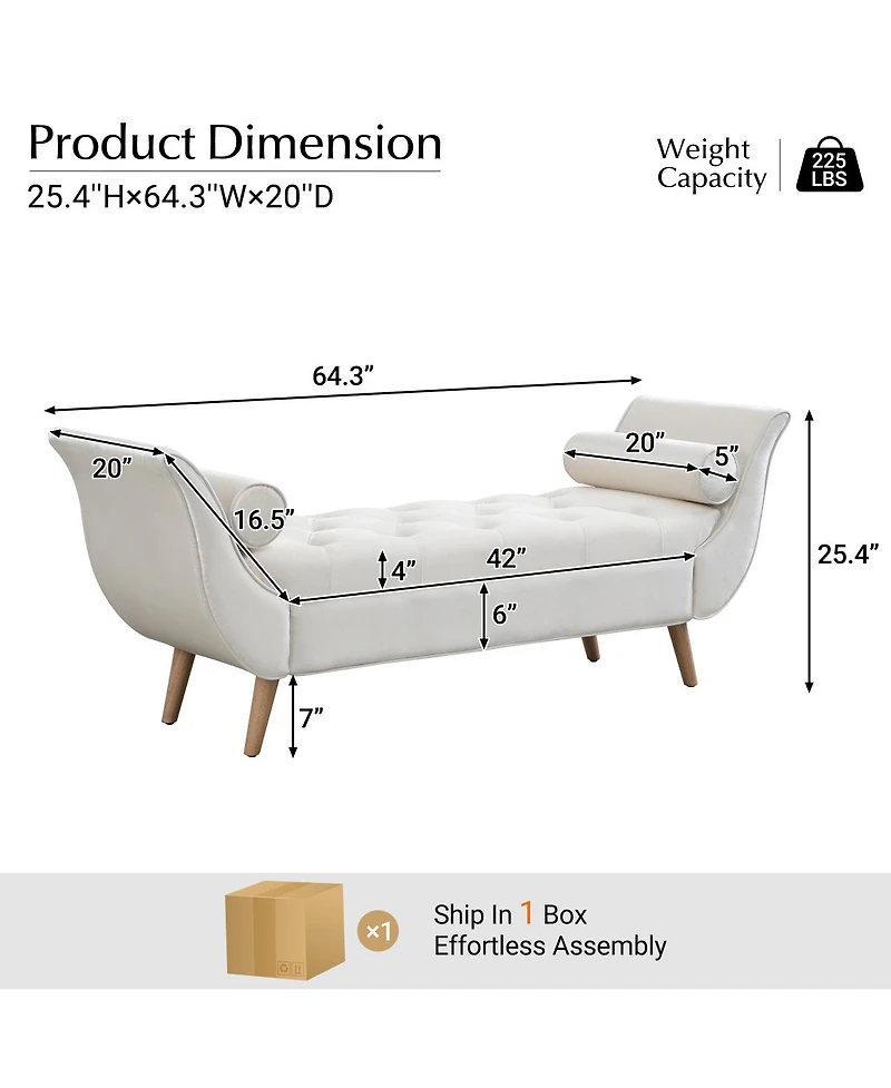 Streamdale Furniture Upholstered Velvet Bench with 2 Pillows and Rolled Arms