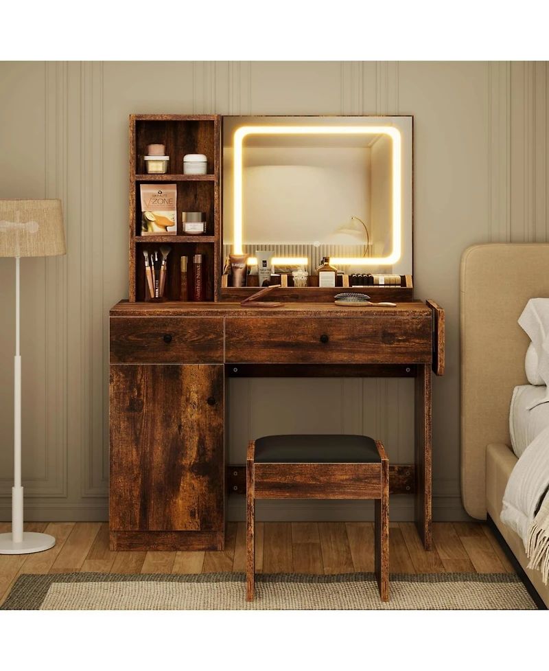 gaomon Wood Makeup Vanity Desk with Lighted Mirror, Drawer, Power Outlet & Storage Chair – 3 Shelf Vanity Table Set