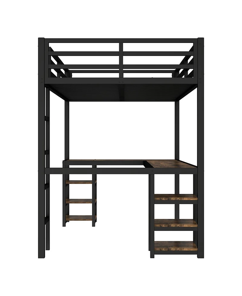 Streamdale Furniture Twin Xl Metal Loft Bed with Desk, Shelves, Ladder & Guardrails