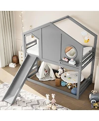Streamdale Furniture Twin House Bunk Bed with Slide & Storage Shelves, Solid Wood Loft Bed
