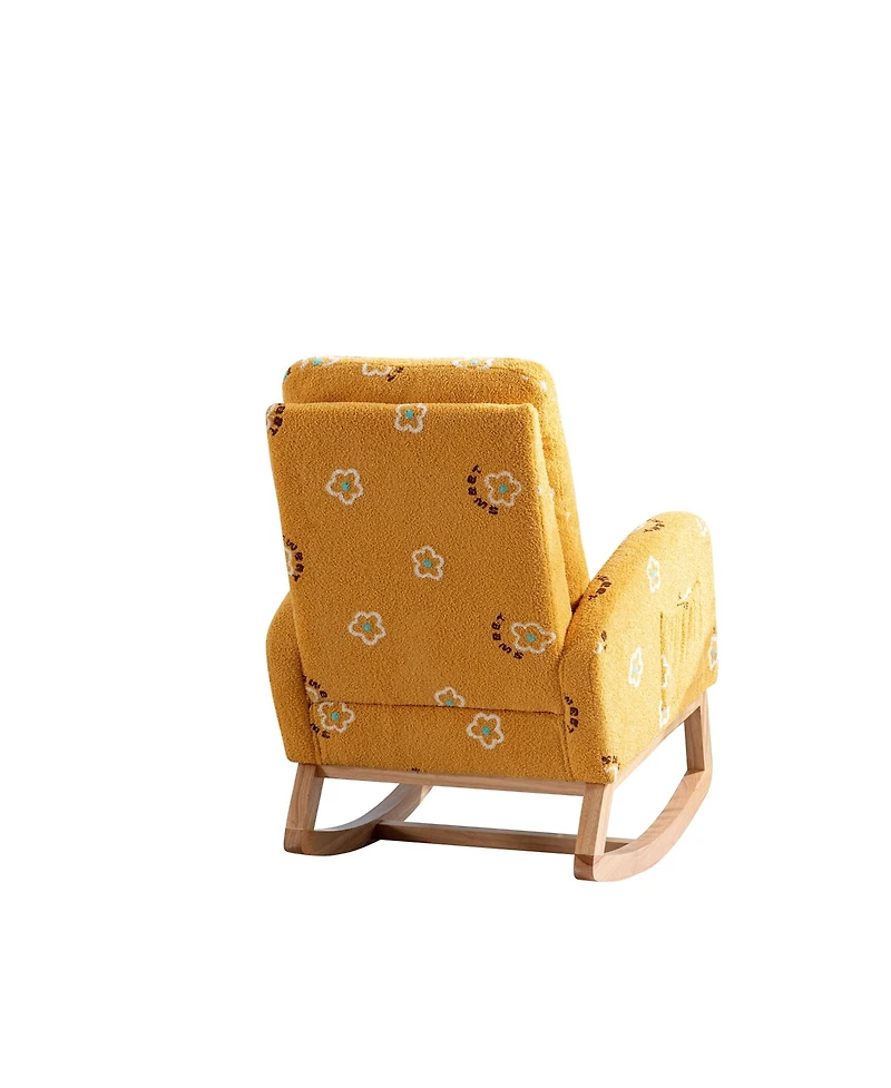 Flynama Mustard Boucle Modern Nursery Rocking Chair Mid Century Accent Armchair Side Pocket High Back Wooden Legs for Living Room Kids Bedroom