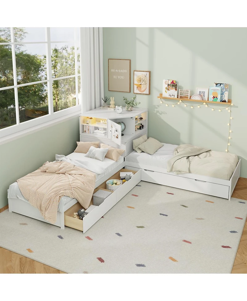 Streamdale Furniture L-Shaped Twin Bed Frame w/ Trundle, Drawer, Desk & Led