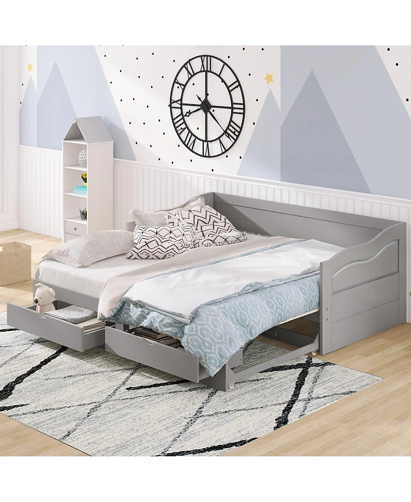 Streamdale Furniture Wooden Daybed with Trundle & Storage Drawers, Extendable Sofa Bed