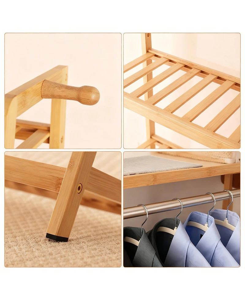 Yigii Bamboo Garment Rack with Hanging Rod and Hooks for Organized Storage