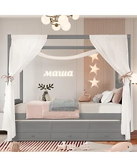 Streamdale Furniture Twin Platform Bed with Upholstered Headboard, Trundle, 3 Drawers & Canopy