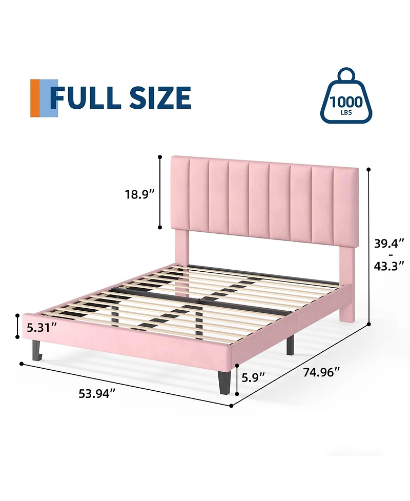 Bed Frame and Velvet Upholstered Headboard with Adjustable Vertical Channel Tufted Headboard
