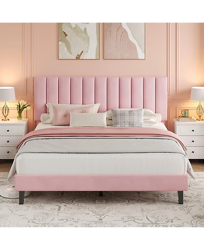 Bed Frame and Velvet Upholstered Headboard with Adjustable Vertical Channel Tufted Headboard
