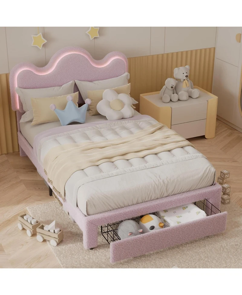 gaomon Bed Frame with Adjustable Upholstered Headboard Princess Boucle Bed Frame with Led Light Drawers Strong Wood Slat Support