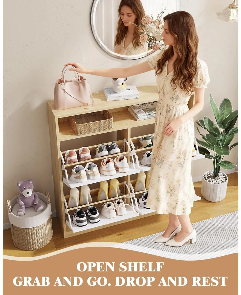 gaomon Narrow Shoe Cabinet with 4 Flip Drawers and Open Shelf, Wooden Freestanding Shoes Organizer with Shelves for Slippers,Sneakers,Heels,Boots