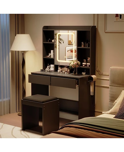gaomon Vanity Desk with Mirror and Lights, for Bedroom, Includes Padded Stool, Easy to Assemble, Storage Drawers, Usb Outlets