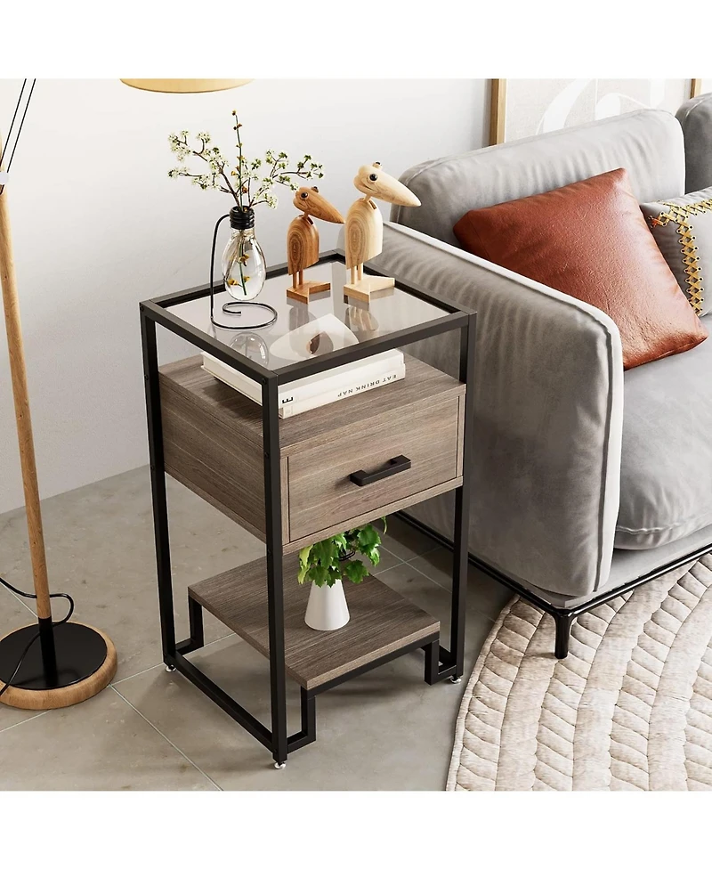 gaomon Nightstand, End Table with Storage Drawer and 3-Tier Storage & Tempered Glass Top, Bedside Furniture with Steel Frame, Easy Assembly
