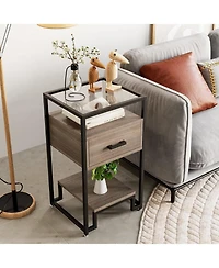 gaomon Nightstand, End Table with Storage Drawer and 3-Tier Storage & Tempered Glass Top, Bedside Furniture with Steel Frame, Easy Assembly