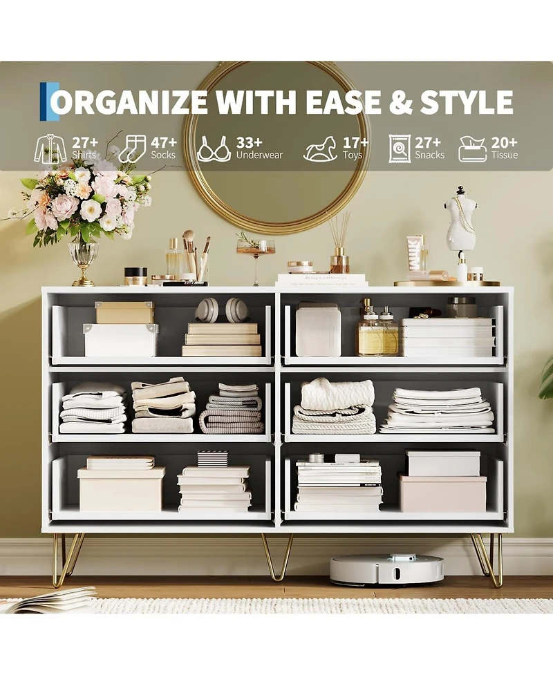 gaomon Fluted Dresser for Bedroom with 6 Drawers, Modern Chest of Wooden Bedroom Chest with Metal Handle