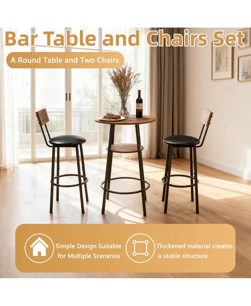Streamdale Furniture Rustic Brown 3-Piece Round Bar Table & 2 Stools Set