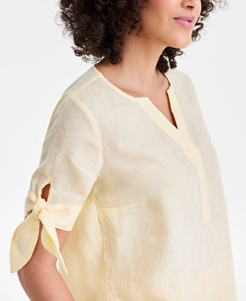 Charter Club Women's 100% Linen Split-Neck Tie-Cuff Top, Created for Macy's