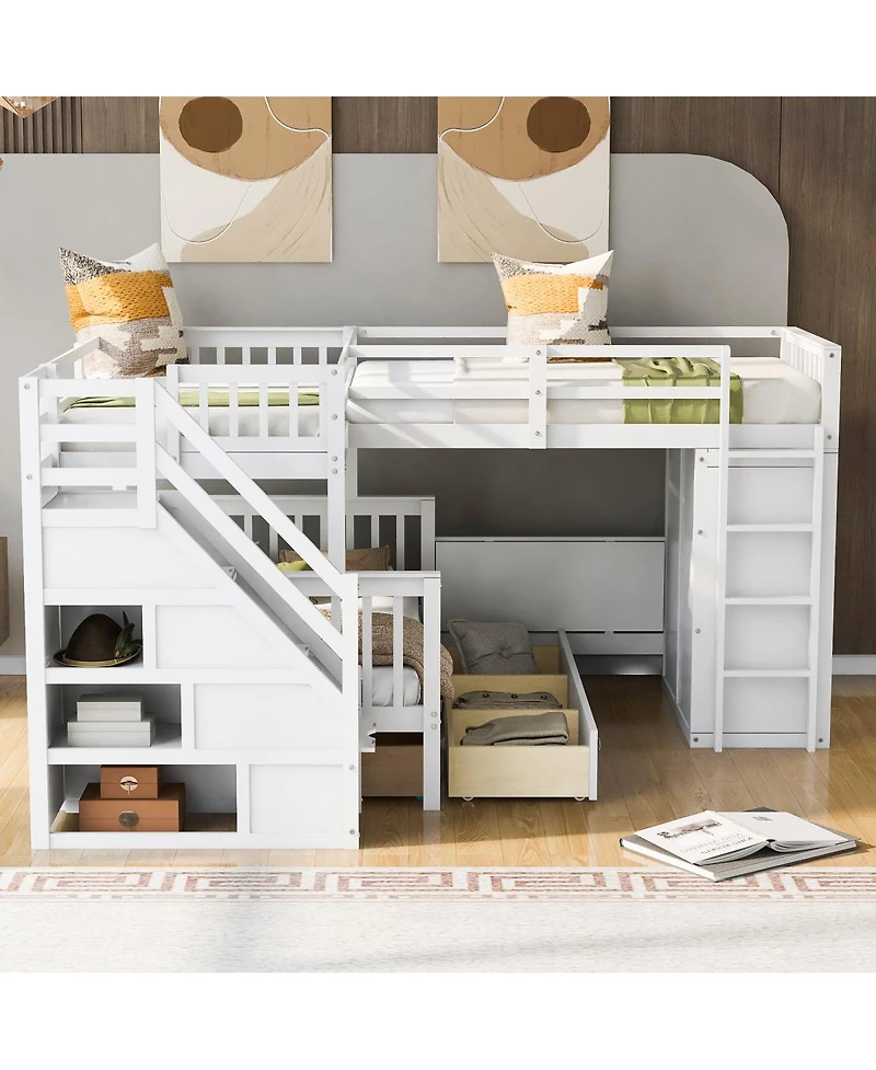 Streamdale Twin L-Shaped Bunk Bed w/ Desk, Wardrobe & 3 Drawers, White