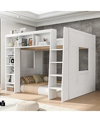 Streamdale Furniture Queen Size Wooden Loft Bed with Storage Cabinets and Shelves