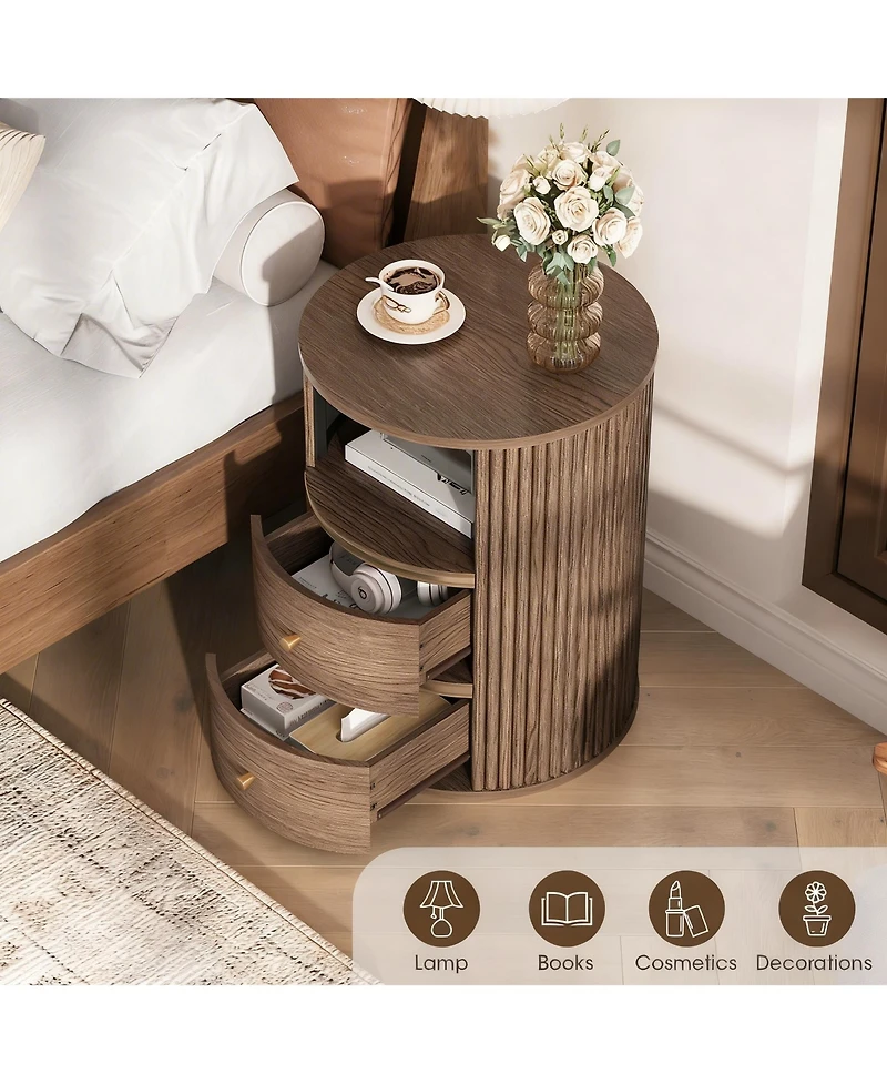 Yigii Mid-Century Walnut Fluted End Table with 2 Drawers & Open Shelf