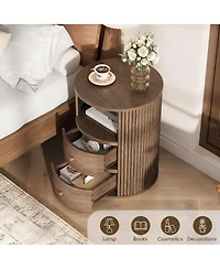 Yigii Mid-Century Walnut Fluted End Table with 2 Drawers & Open Shelf