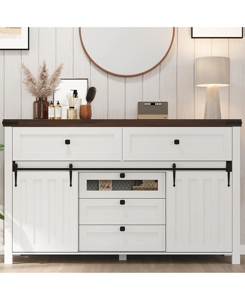 Gaomon Farmhouse 5 Drawers Dresser for Bedroom with Sliding Barn Doors, Wood Dresser & Chest of Drawers, Rustic Dresser Tv Stand, Dresser Organizer