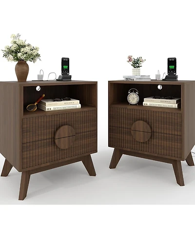 gaomon Fluted Night Stand Wood Tall Nightstands with Charging Station, End Table with 2 Drawers