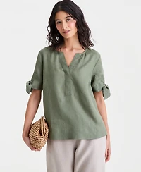 Charter Club Women's 100% Linen Split-Neck Tie-Cuff Top, Created for Macy's