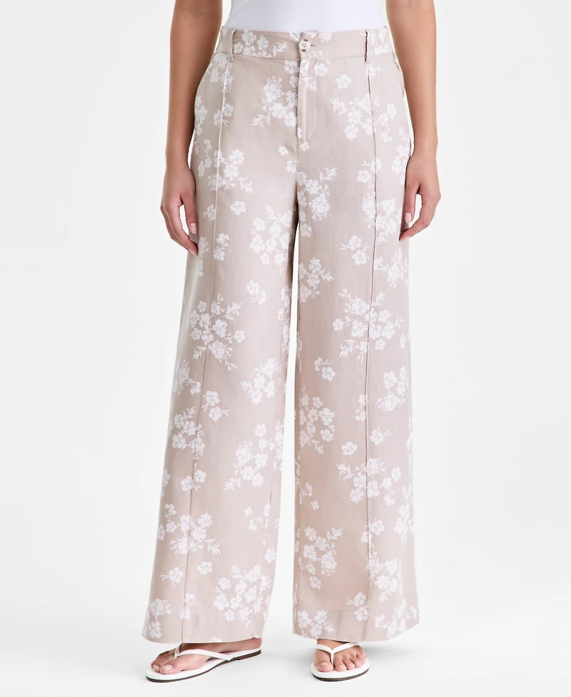 Charter Club Women's 100% Linen Woven Pleated Wide-Leg Pants, Created for Macy's