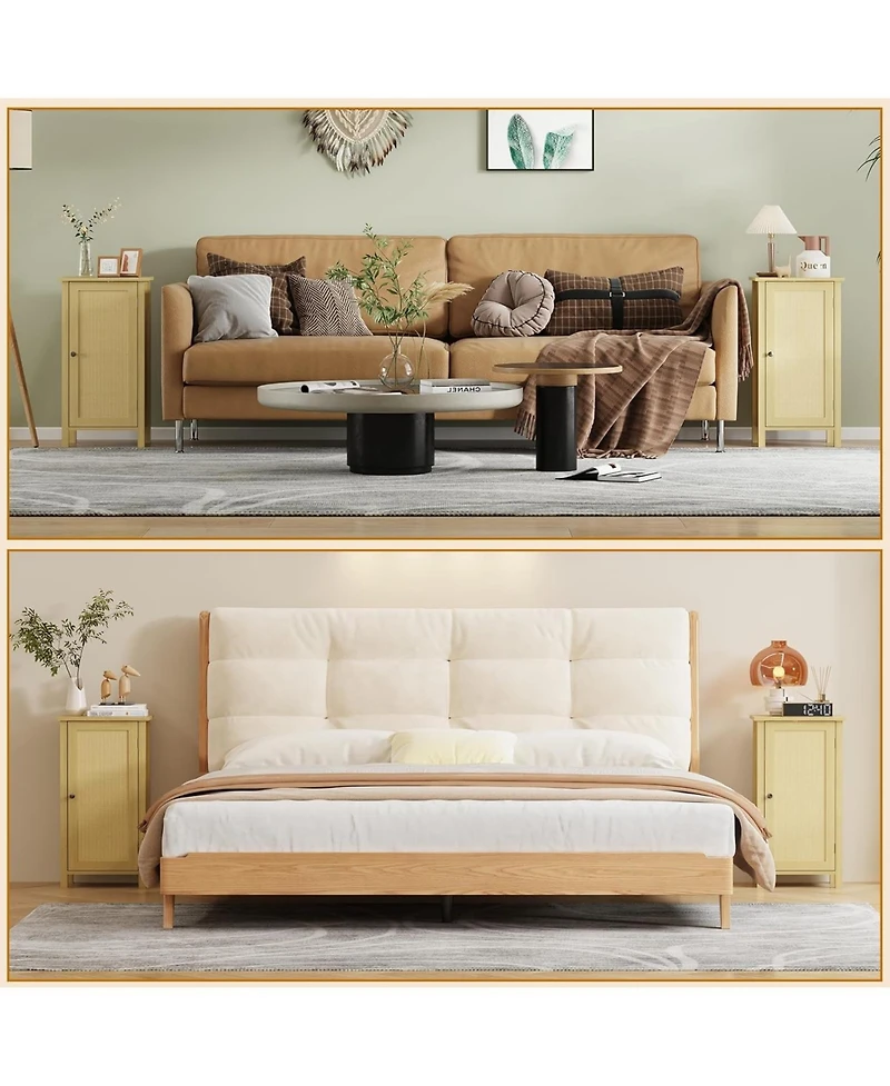 gaomon Bamboo Floor Cabinet with Woven Rattan Door, 2-Tier Storage Cabinet for Bedroom, Living Room, Slim Design