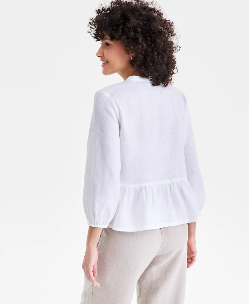 Charter Club Women's 100% Linen Embroidered-Front Peplum Top, Macy's Exclusive